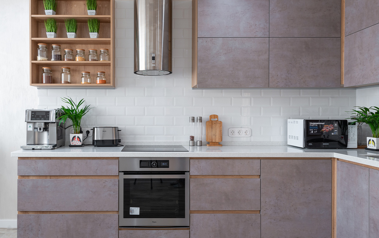 A modern kitchen design with kitchenware and appliances