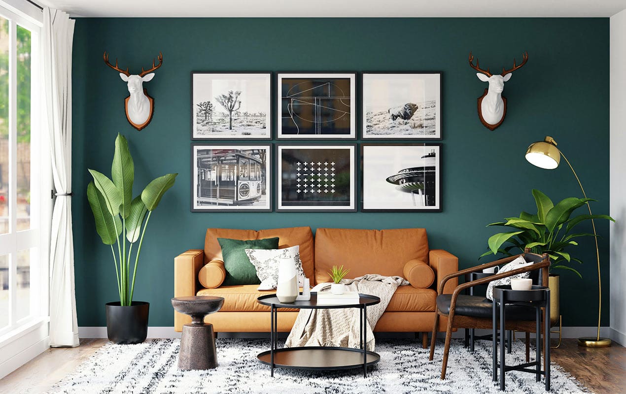 Green living room design with a coffee table and side tables