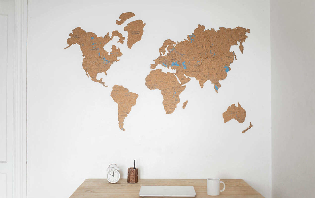World map wall art with table underneath