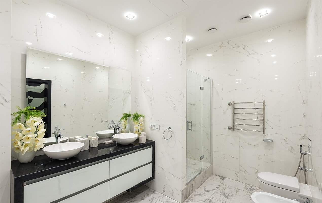 Bathroom design with white marble stone