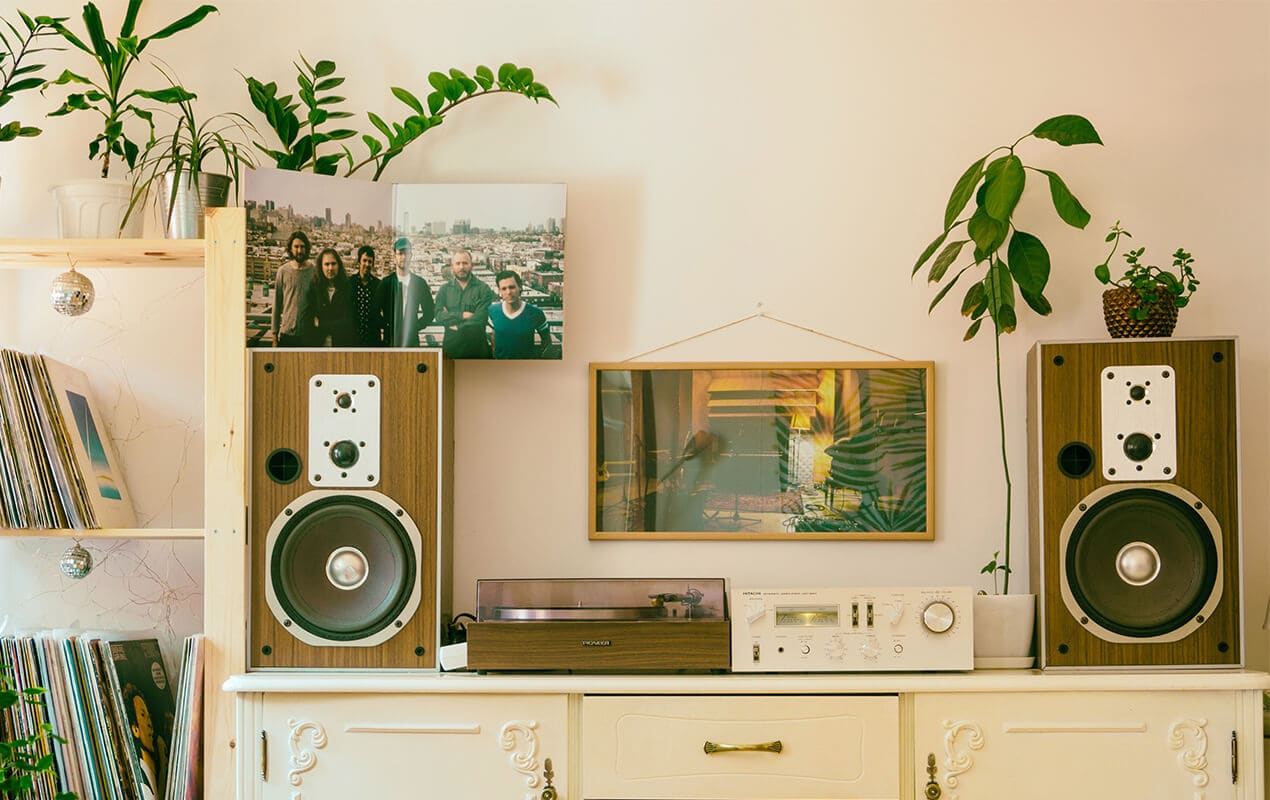 Home interior with music equipment and greenery