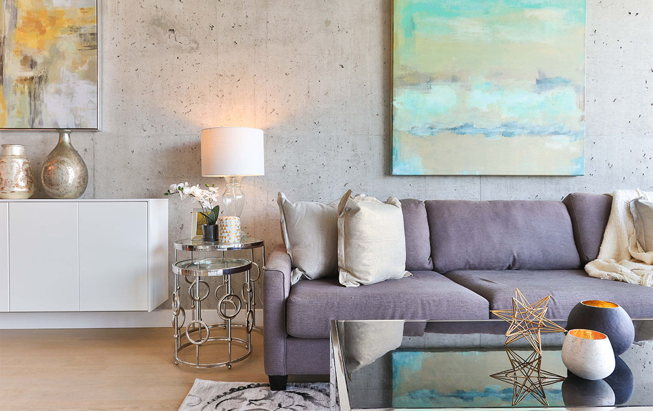 Living room with side tables and wall art