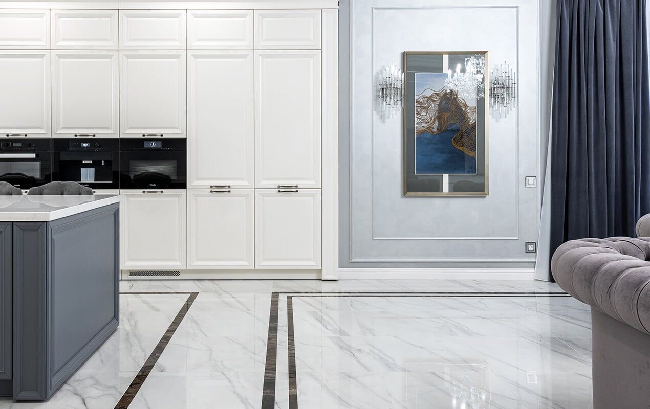 White living interior with a glossy floor and countertop