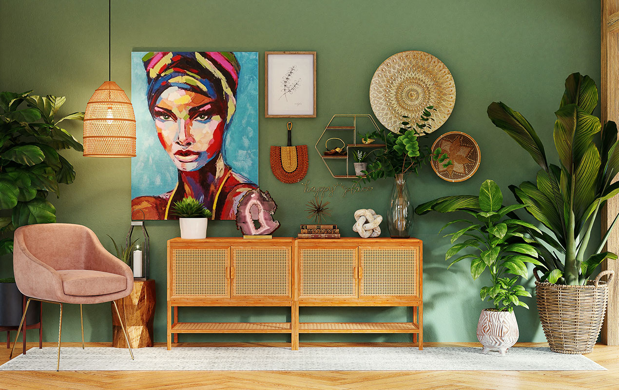 Colorful living space with art and plant decor