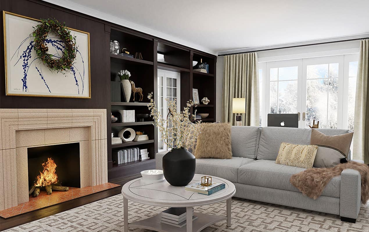 Home interior with gray sofa and round coffee table