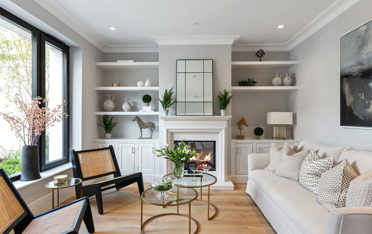 rectangular living room design with high ceiline