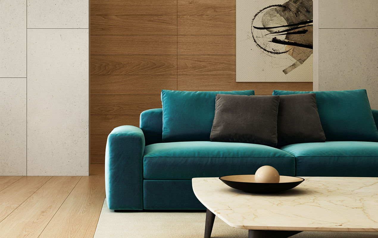 Wood living interior design styles with a bright colored sofa