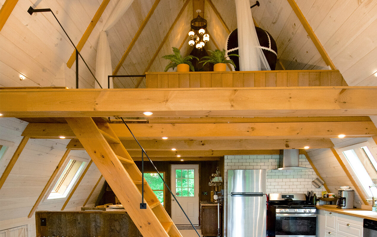 Wooden A-frame roof, open plan living area with indoor plants