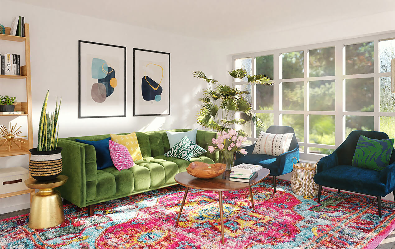 Living room design with bohemian colors