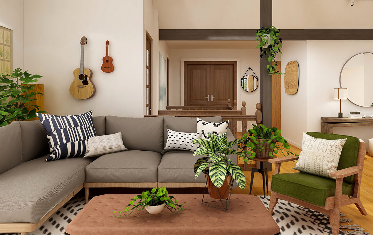 Bohemian living room décor with indoor plants
