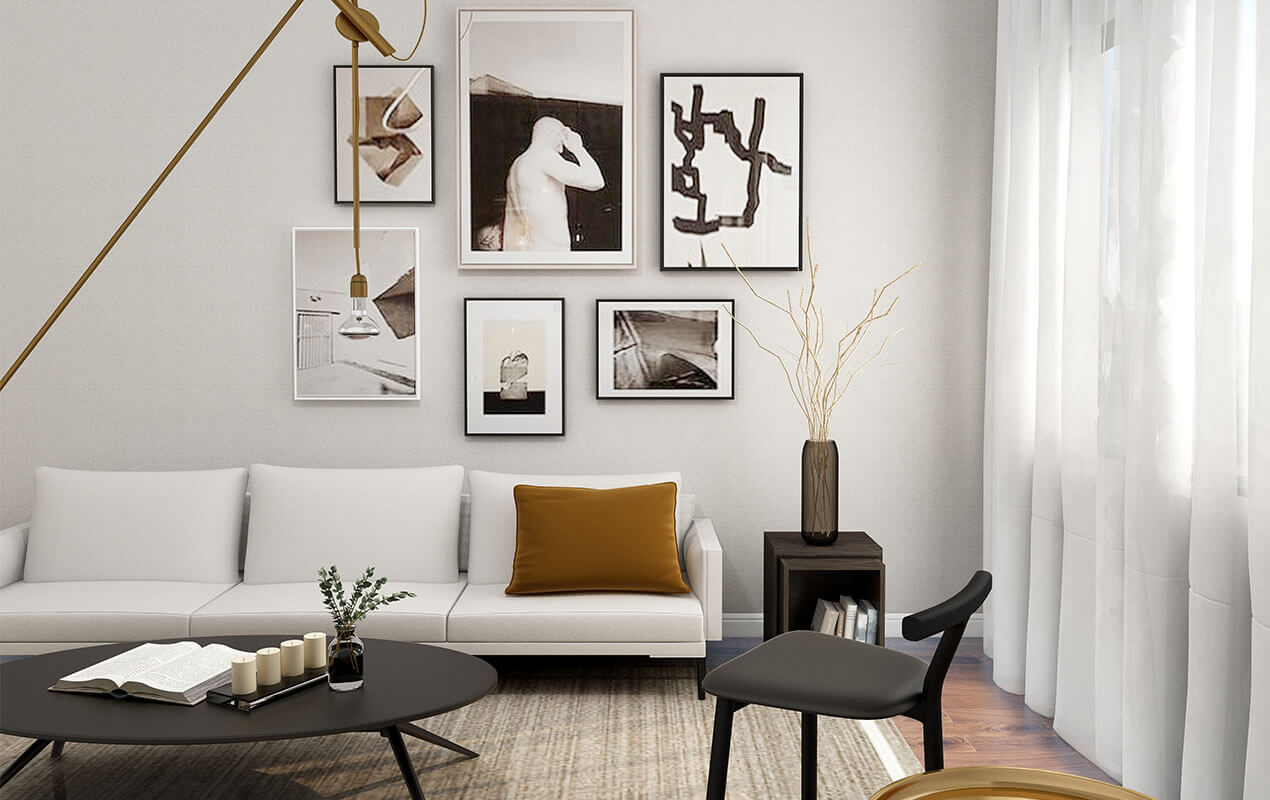 Living room interior with wall art and furniture