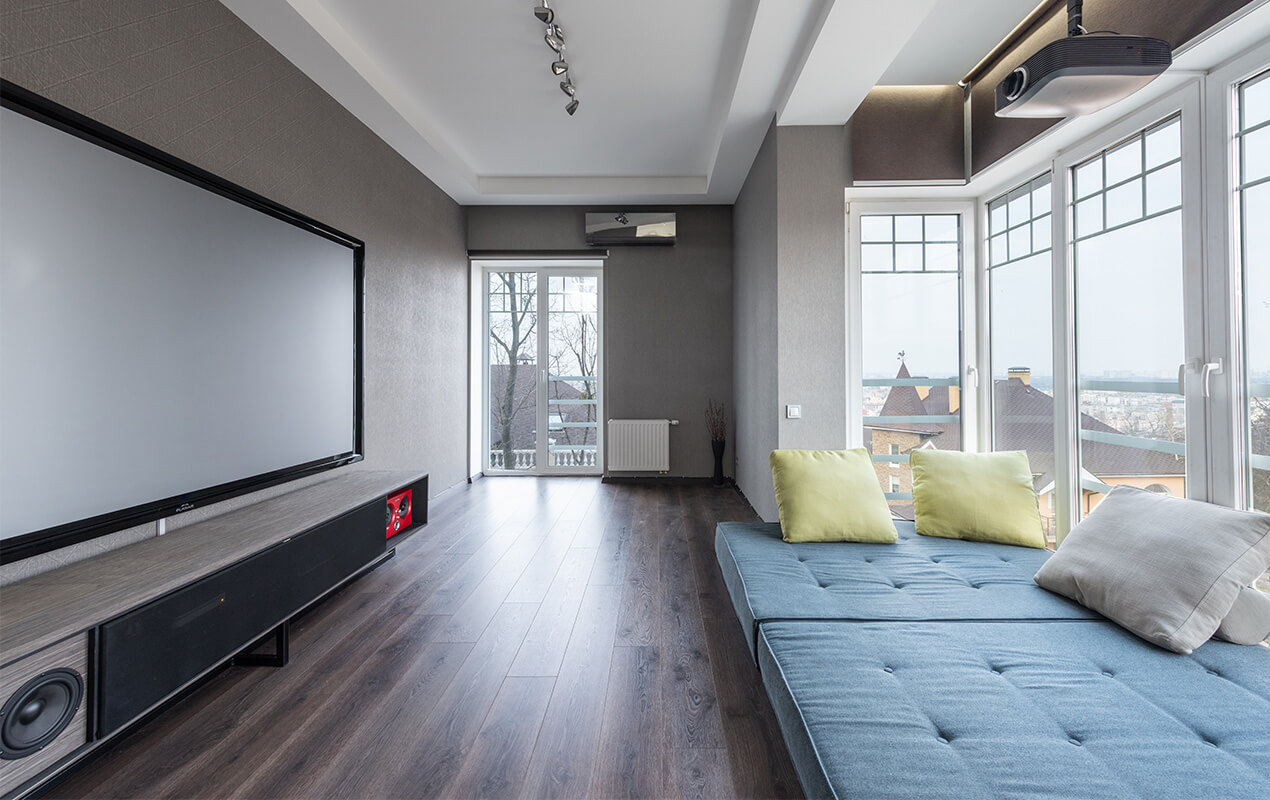 Living room interior with cinema style screen