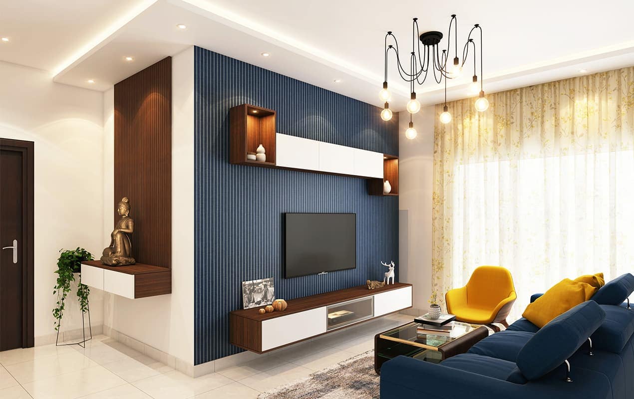 Navy living room interior with yellow features