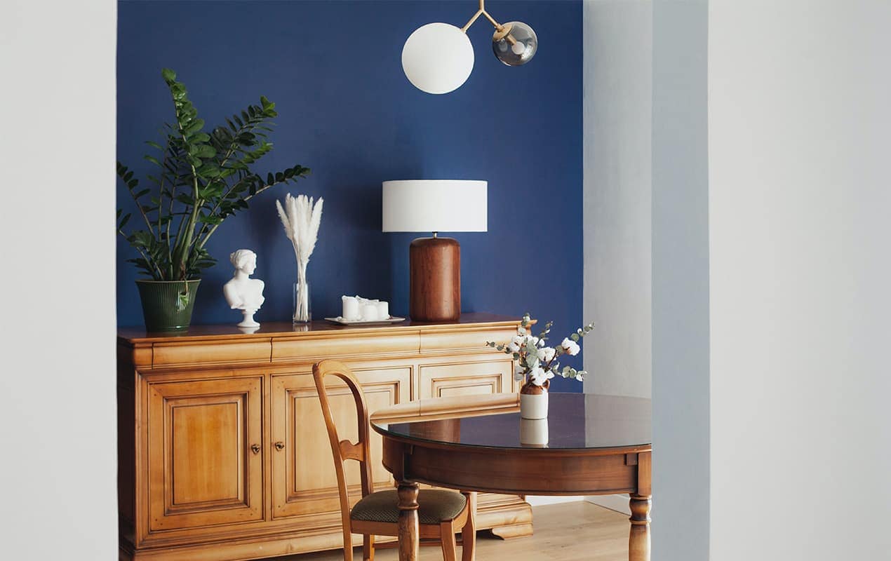 Navy decor with wood cabinets