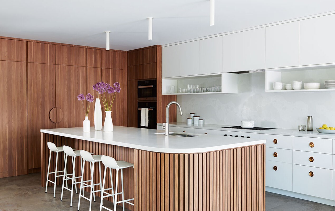 Curved Fluted Wood Kitchen design by DeCasa Collections