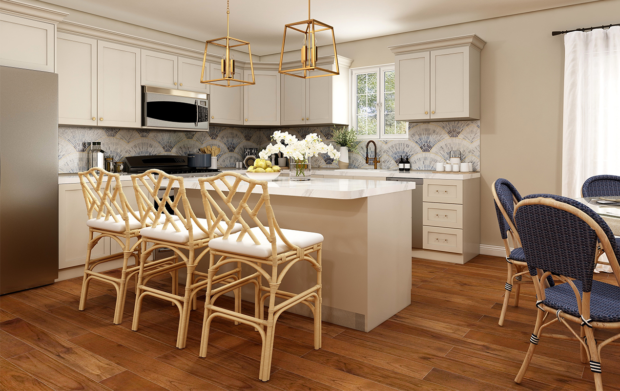 Neutral kitchen interior with wood seating by DeCasa Collections