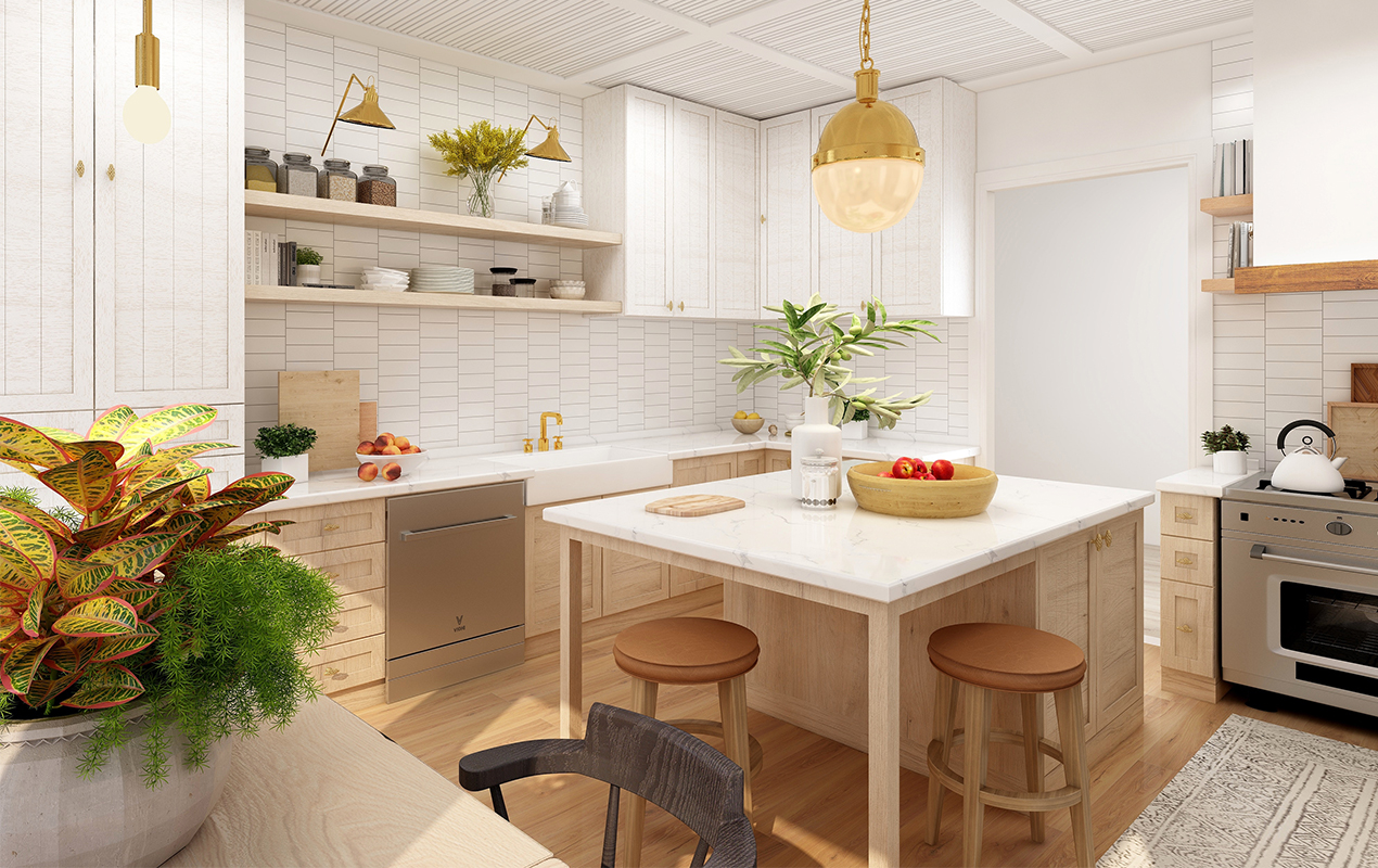 White kitchen with gold light fittings and wooden stools by DeCasa Collections