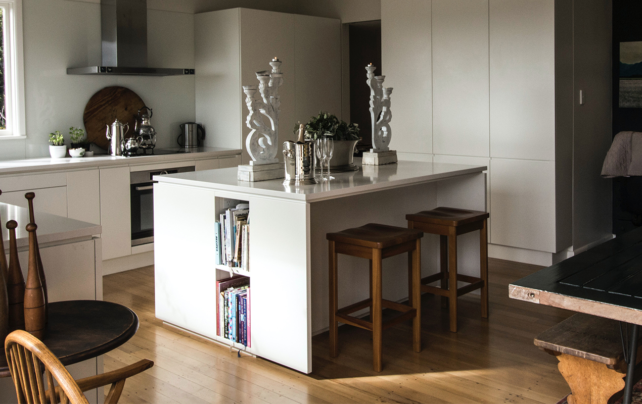 KItchen island with end bookshelf by DeCasa Collections