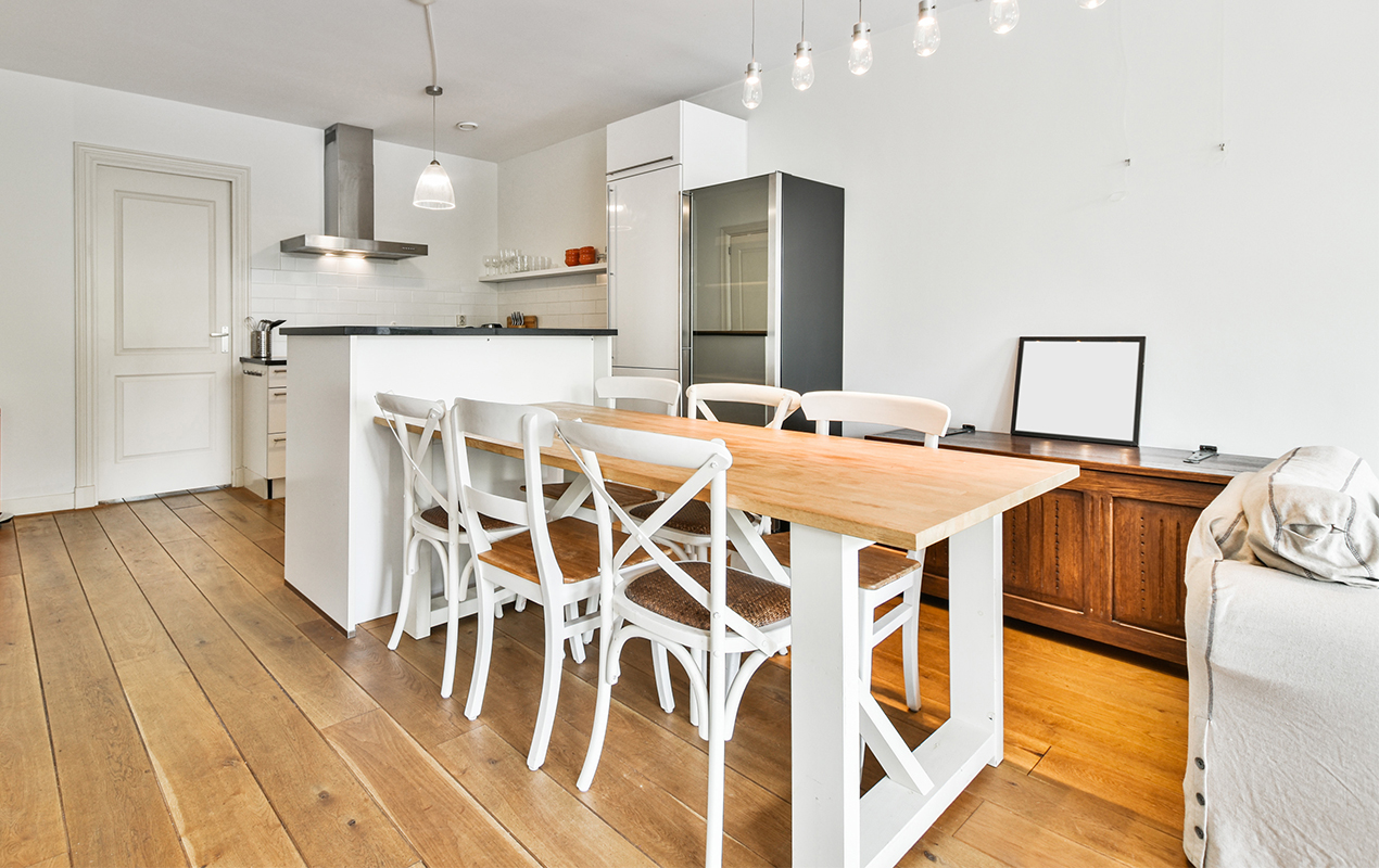 White kitchen table with wooden worktop by DeCasa Collections