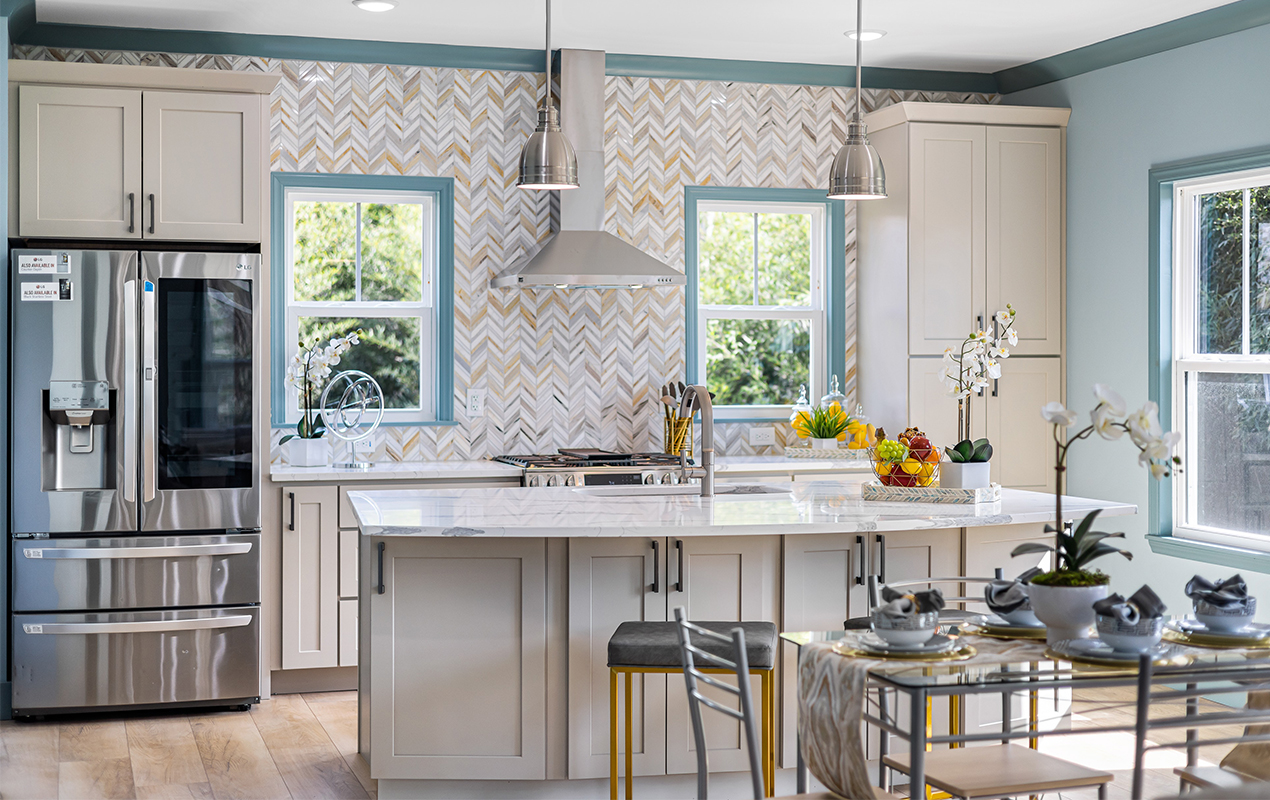 Kitchen island with large cabinets by DeCasa Collections