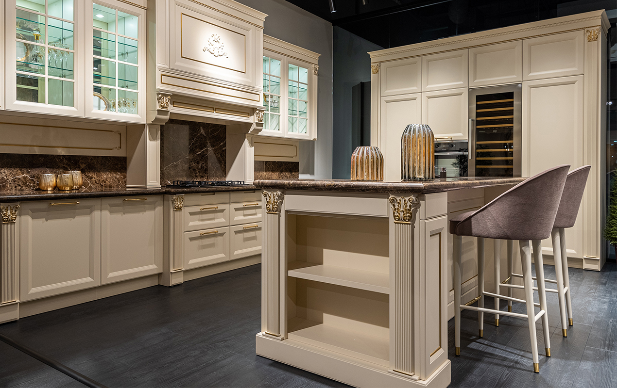 Elegant kitchen island with storage by DeCasa Collections