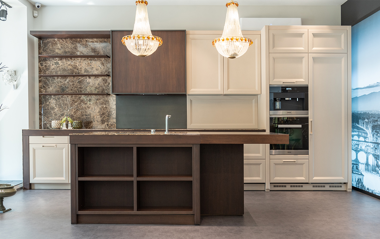 Dark wood kitchen island with storage by DeCasa Collections