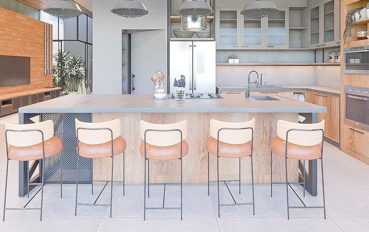 Gray and orange kitchen with a wood island by DeCasa Collections