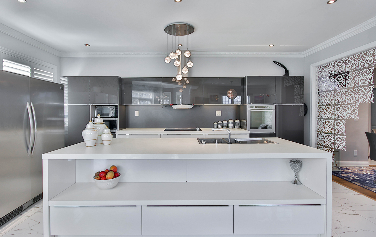 kitchen island with open shelving by DeCasa Collections