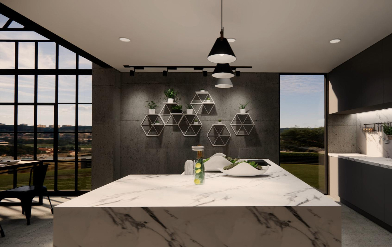 Marble L shape kitchen island by DeCasa Collections`