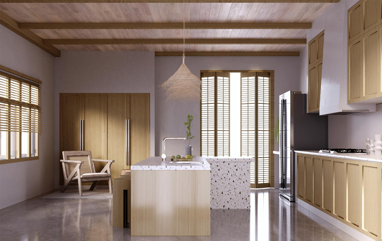 Light wood kitchen with white accents by DeCasa Collections