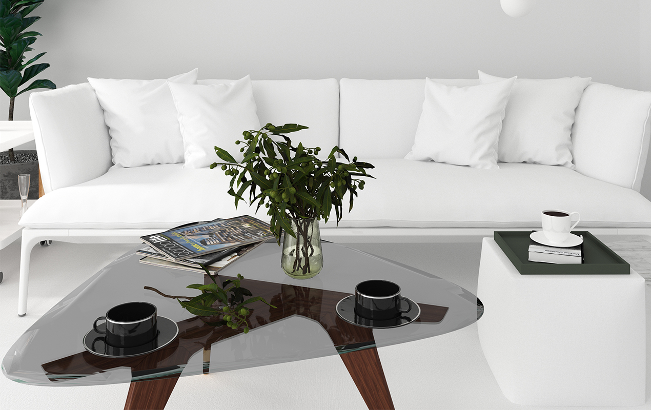 glass and wood coffee table with white sofa and potted plant