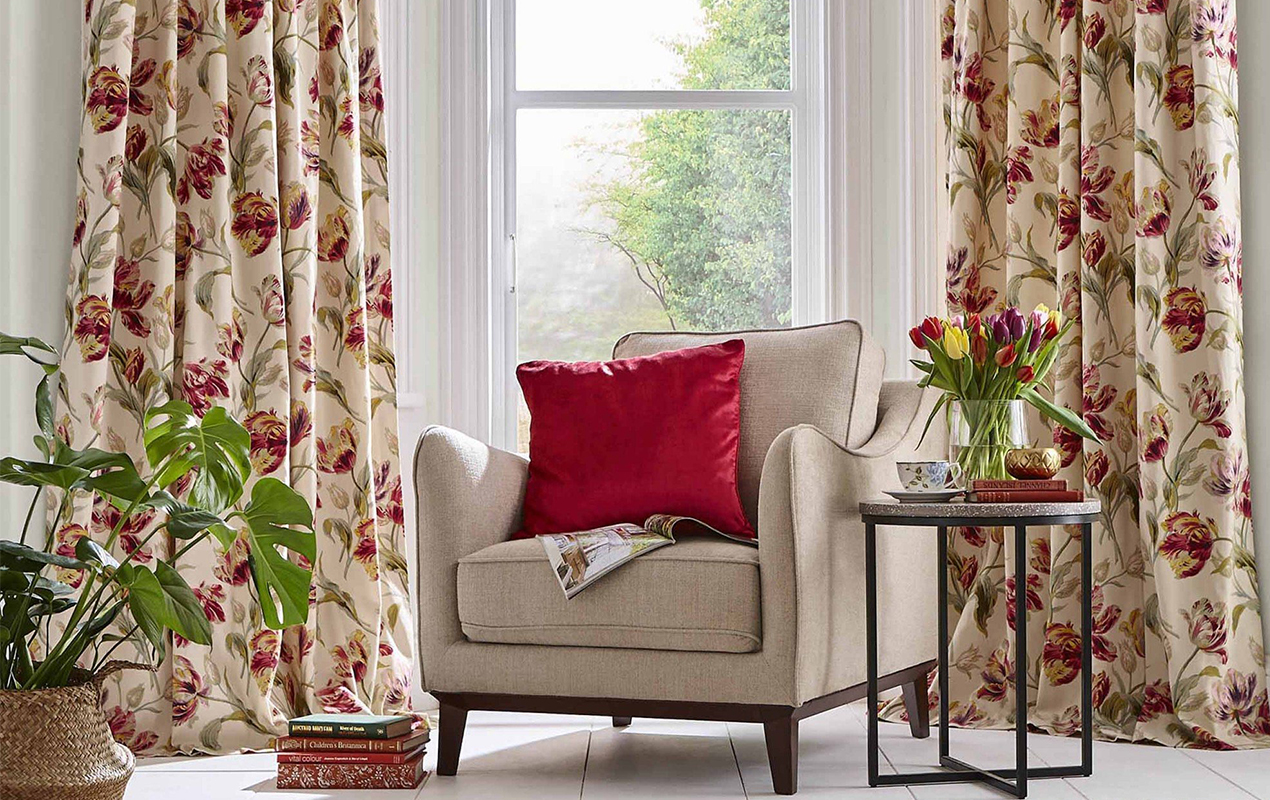 Sitting area with floral curtains 