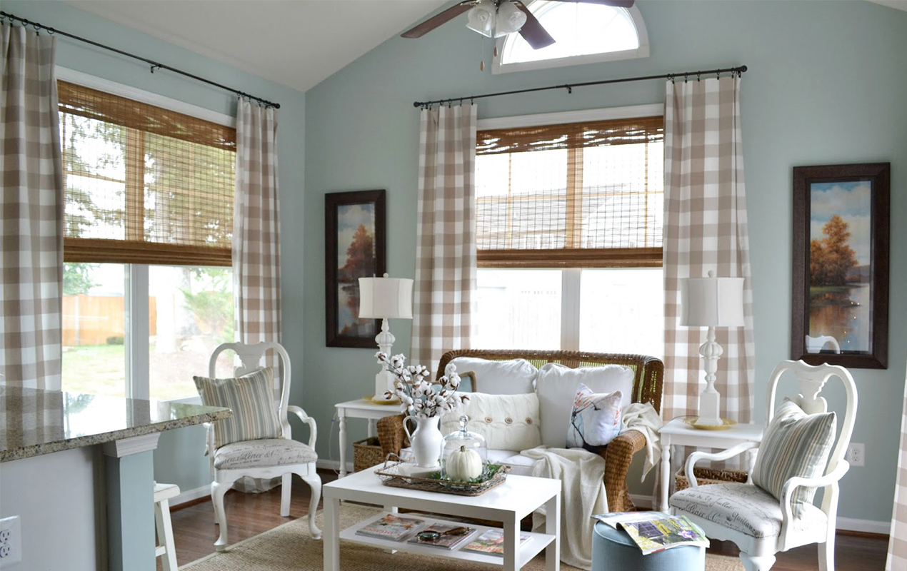 Living area with gingham curtains
