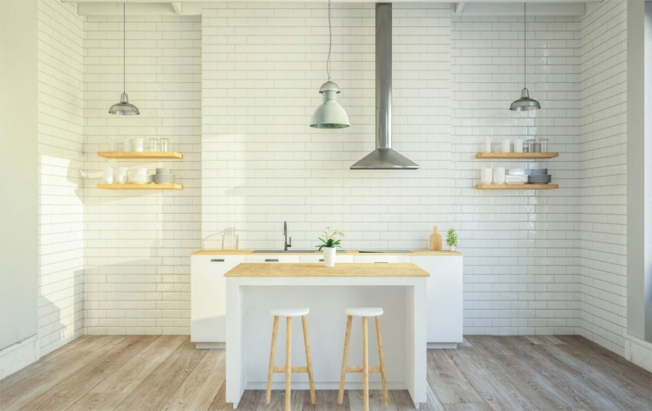 Whitewash interior wih subway tiles by DeCasa Collections
