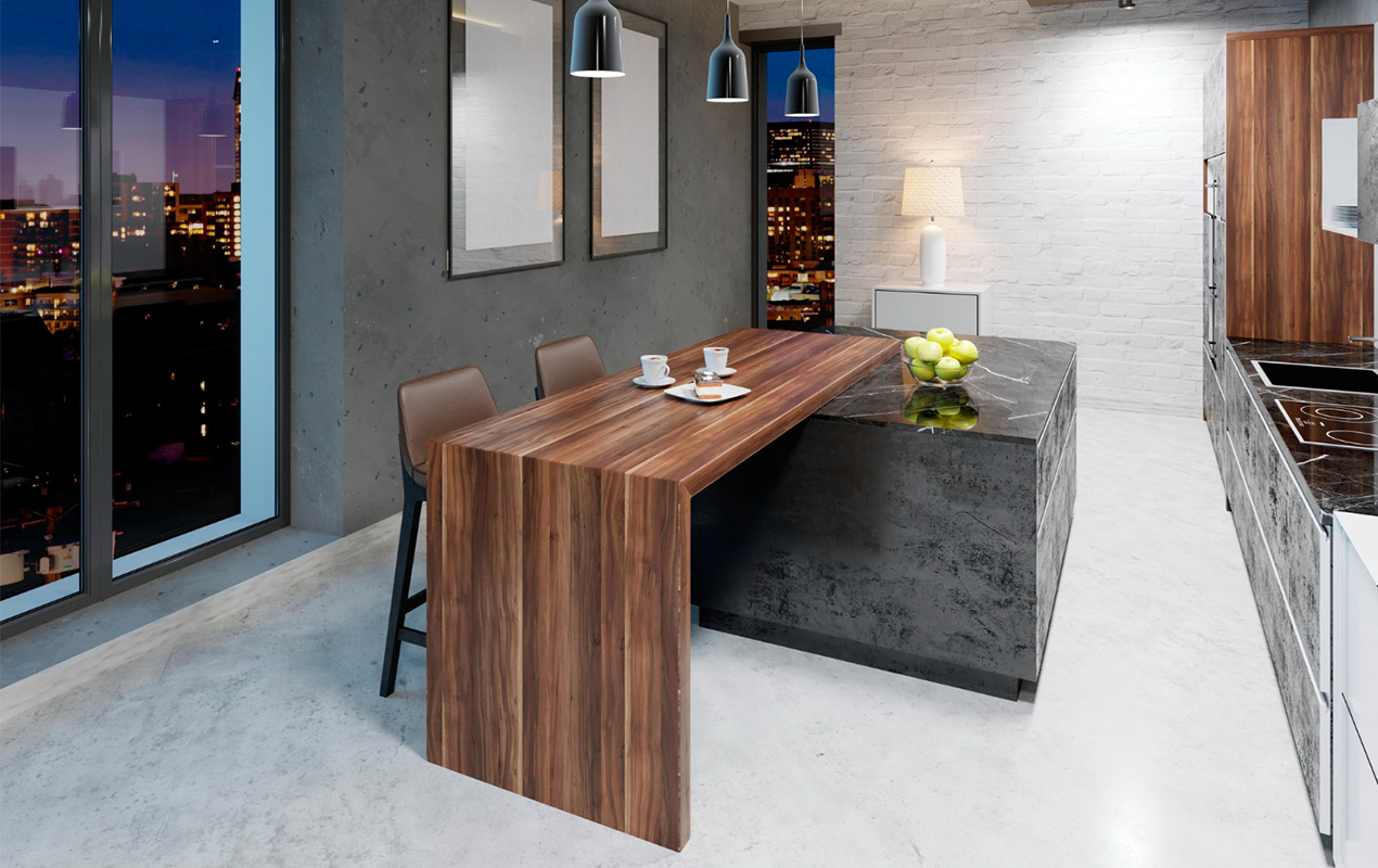 Marble kitchen island with dark wood by DeCasa Collections