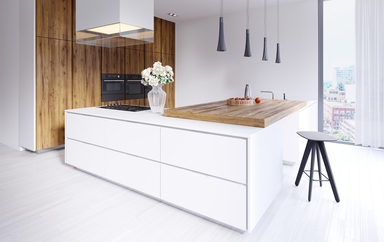 White interior with wood countertop by DeCasa Collections