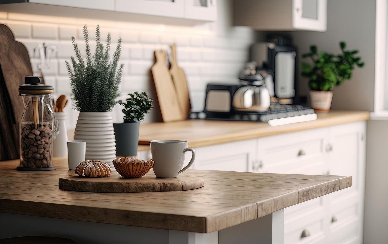 Kitchen interior with extended coffee bar