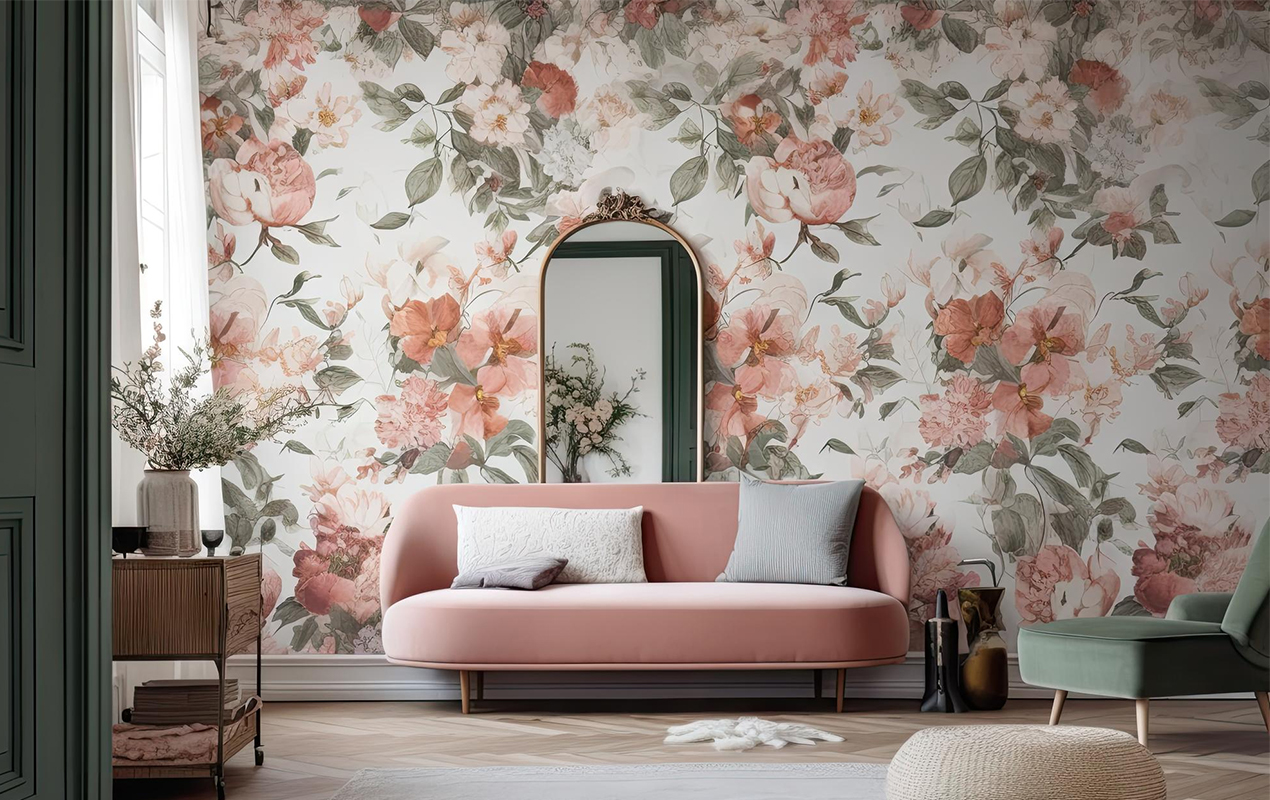 Minimal decor with floral wallpaper