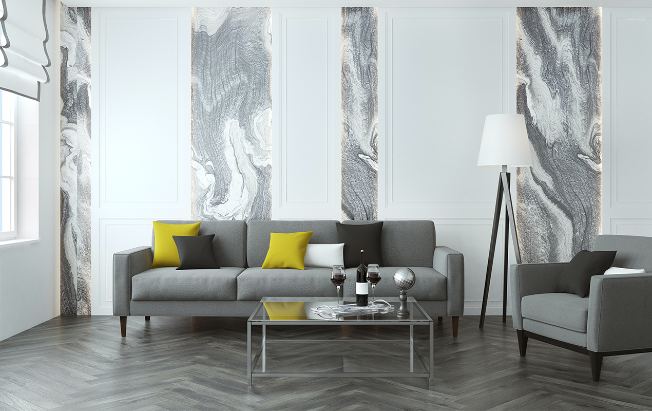 Gray living room design accent wall herringbone flooring