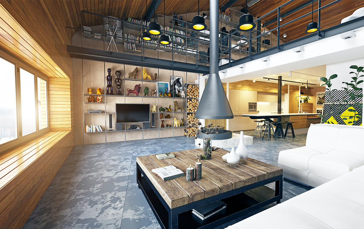 Large living room with floating fireplace