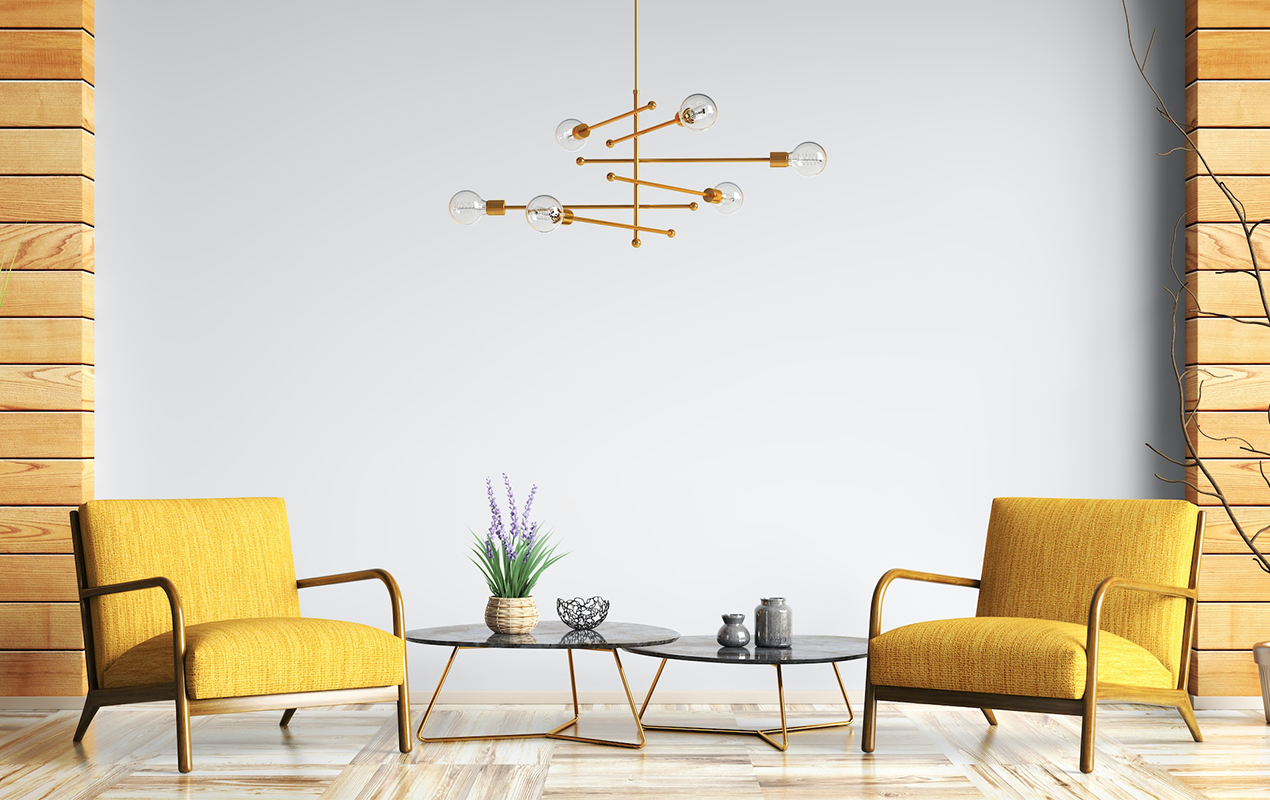 Living area yellow chairs coffee table light fixture