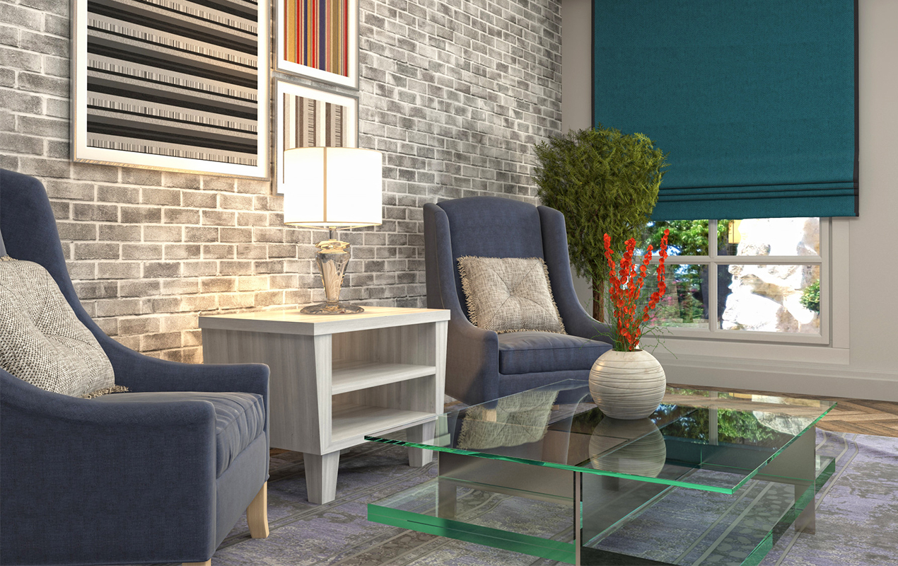 Living interior blue armchairs gray brick wall blue accent wall