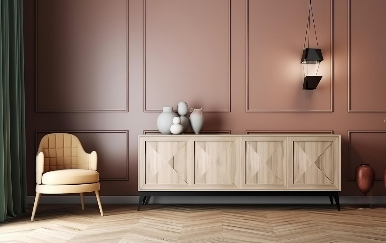 Interior modern. living room with beige sideboard wooden wall paneling