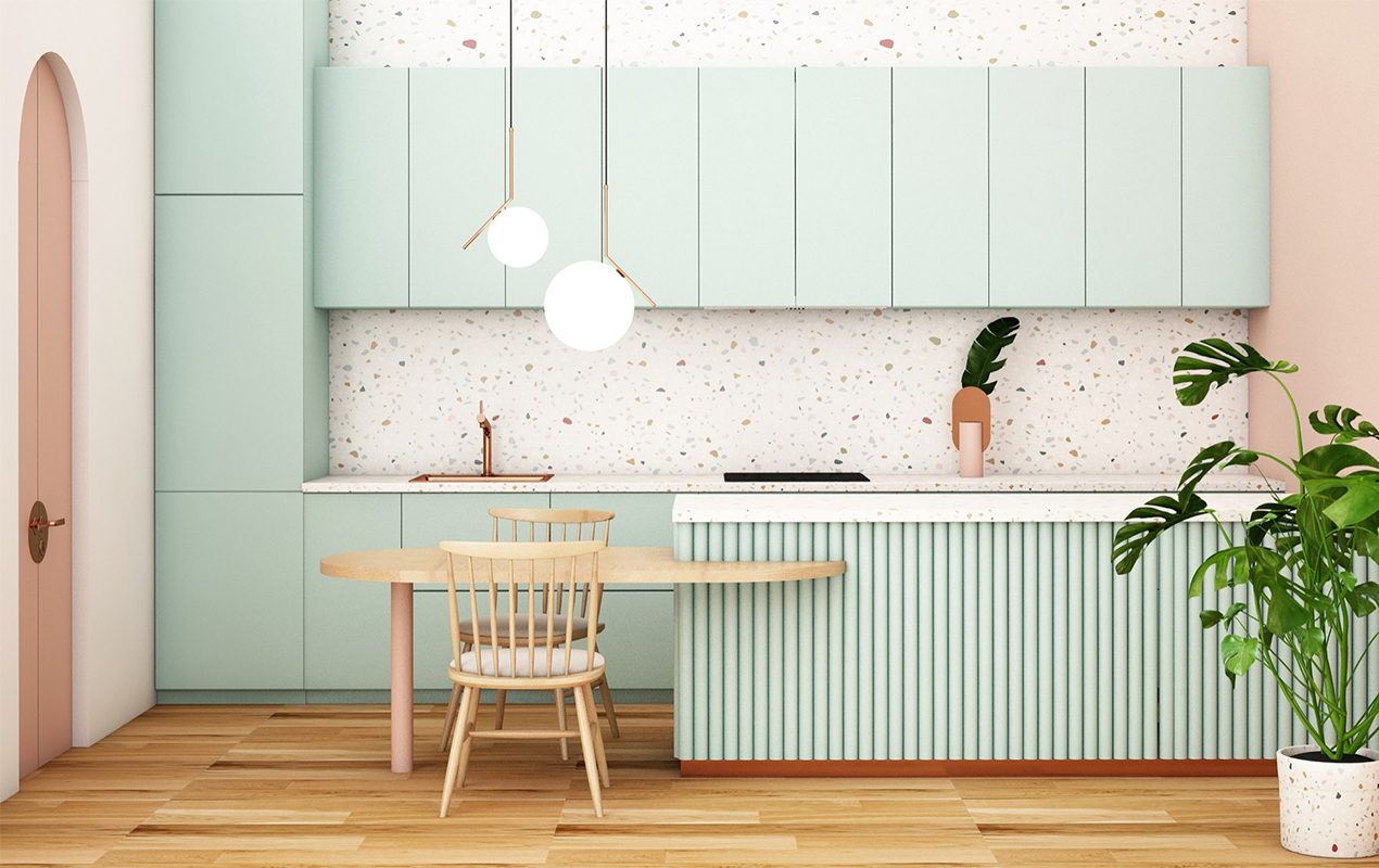 kitchen interior design with colorful kitchen island
