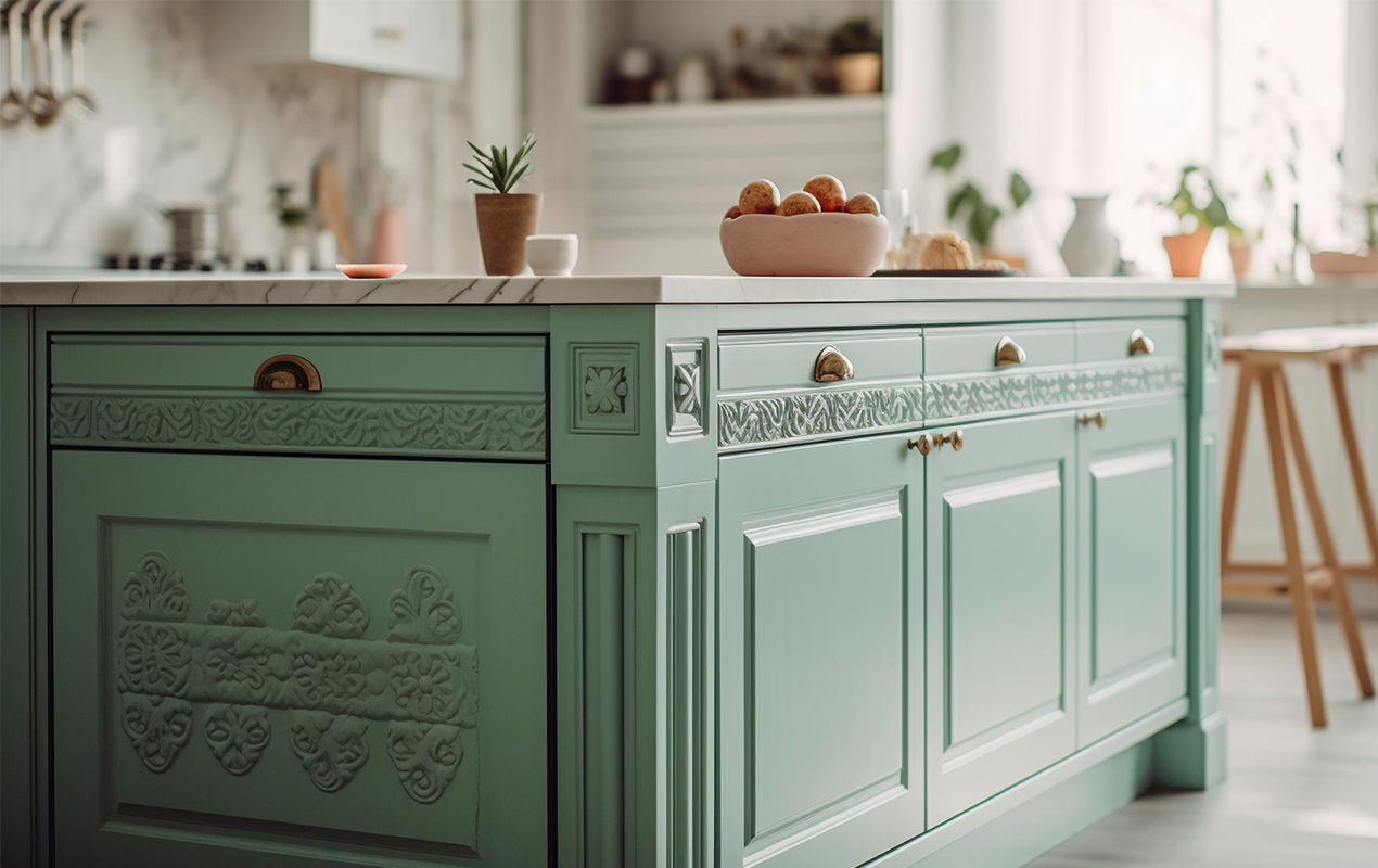 Colored kitchen island with wood detailing by DeCasa Collections