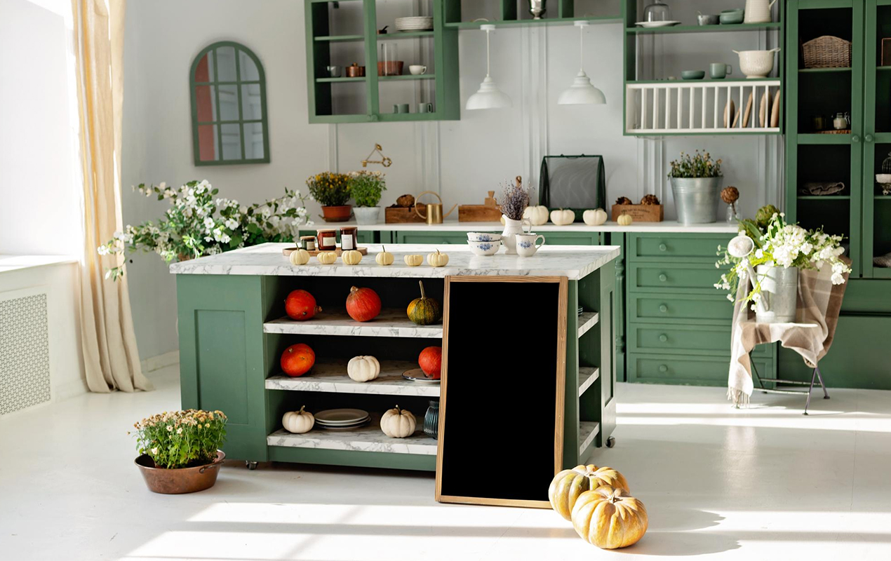 Kitchen island with open front by DeCasa Collections