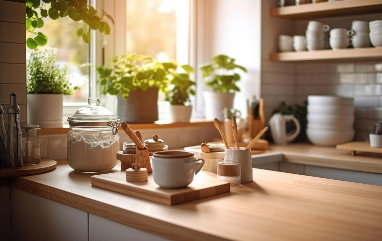 Wooden counter and kitchen accessories
