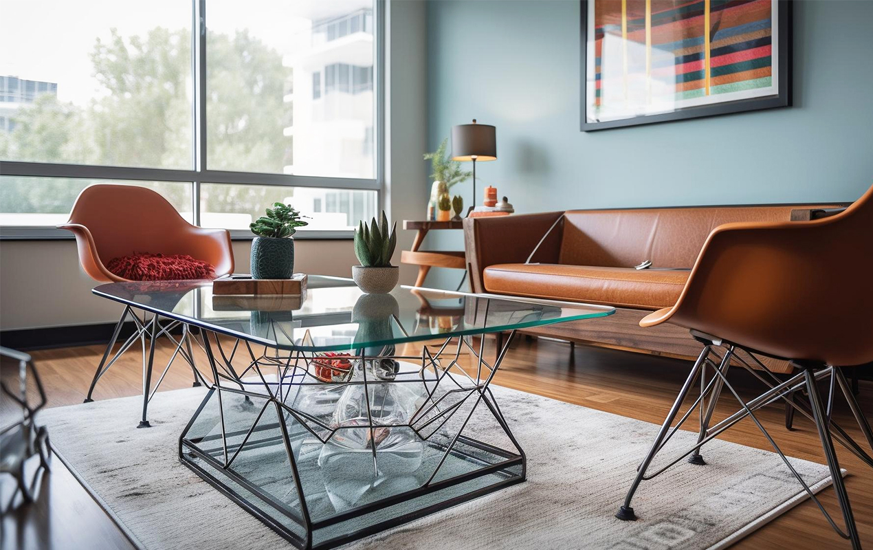 Living space glass coffee table tan leather sofa and bay windows 