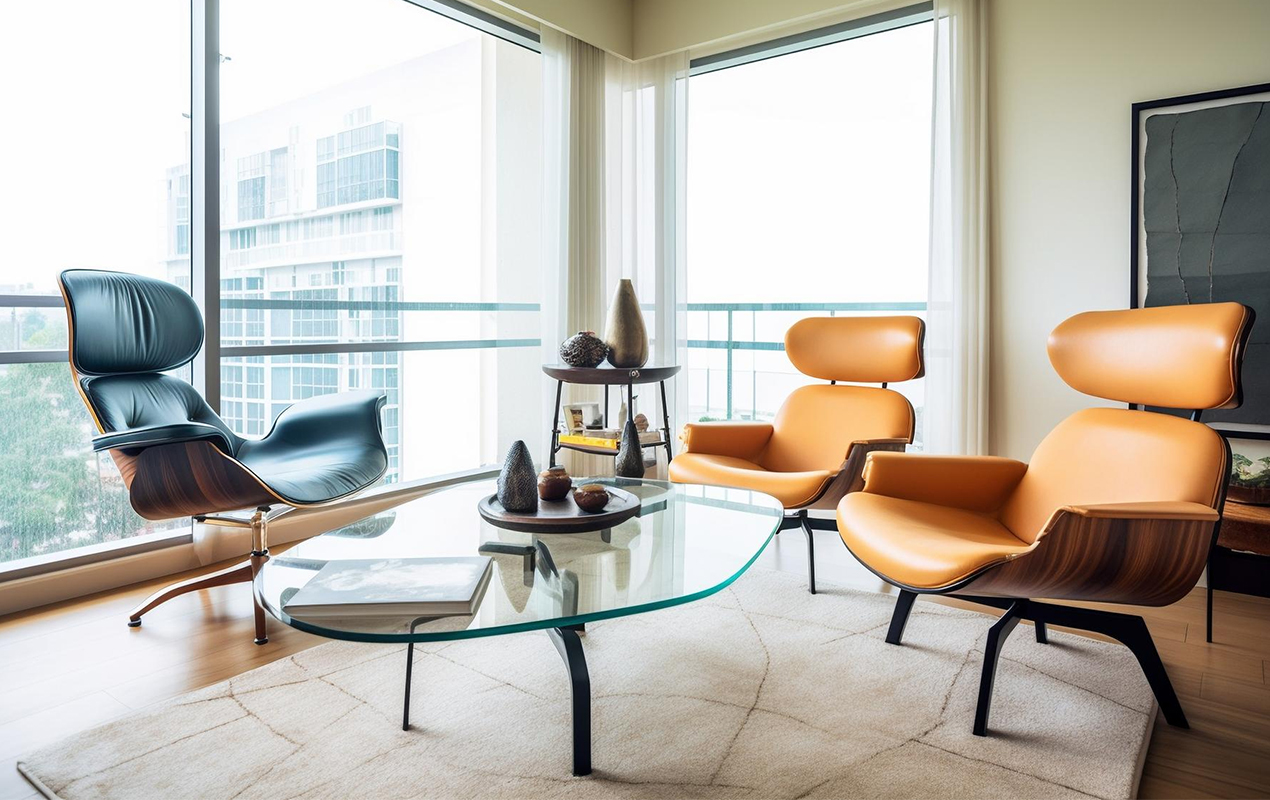 living room with glass table orange chair