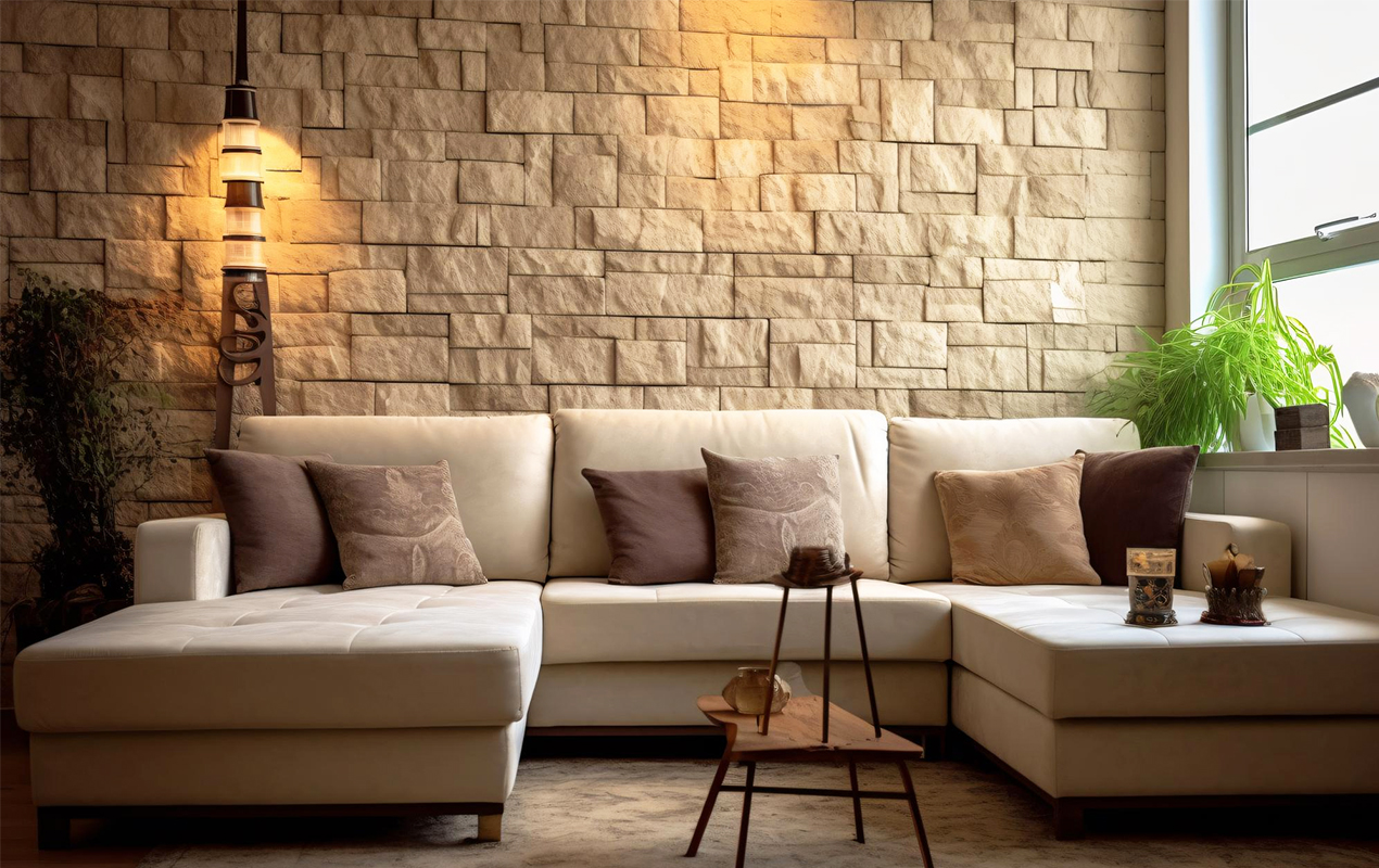 Living room interior with stone accent wall